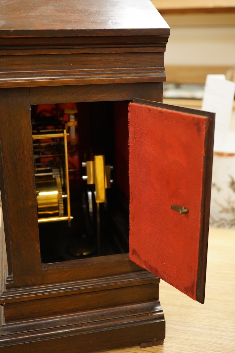 A mahogany 19th century German two train mantel clock, striking on two coiled gongs, 41cm high.